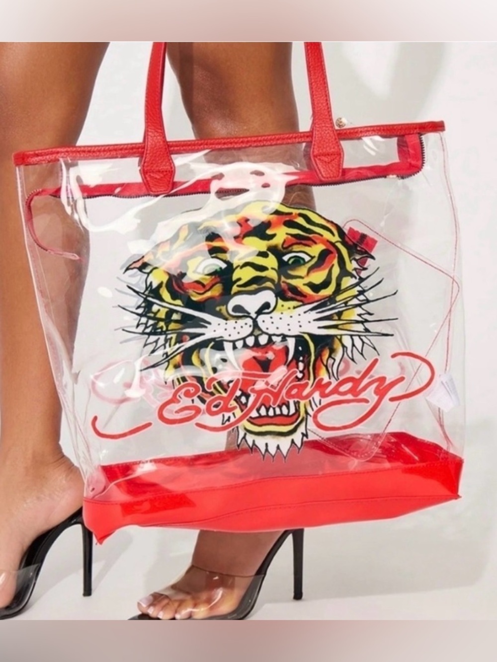 Ed Hardy Clear Tote with Red Trim and Tiger Motif